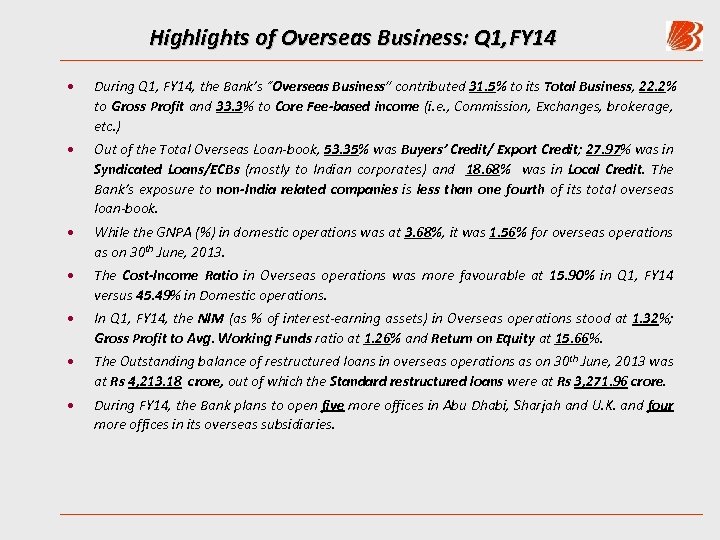 Highlights of Overseas Business: Q 1, FY 14 • During Q 1, FY 14,
