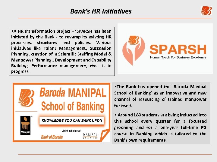 Bank’s HR Initiatives • A HR transformation project – ‘SPARSH has been initiated by