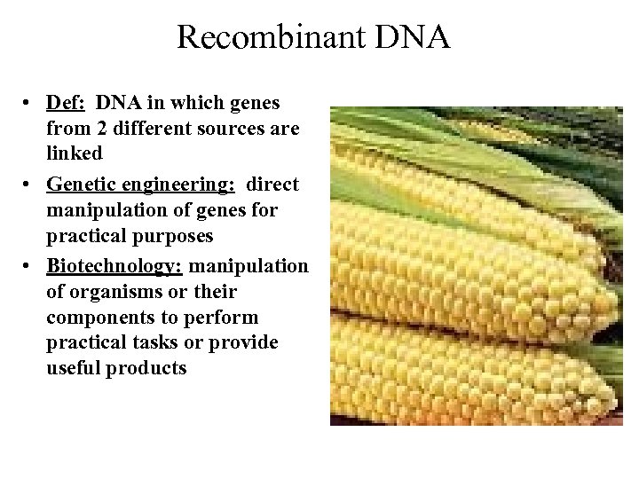 Recombinant DNA • Def: DNA in which genes from 2 different sources are linked