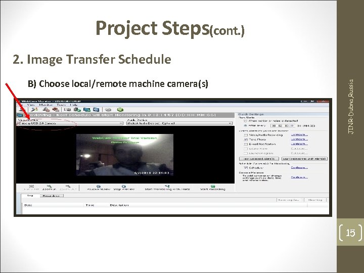 Project Steps(cont. ) B) Choose local/remote machine camera(s) JINR-Dubna, Russia 2. Image Transfer Schedule
