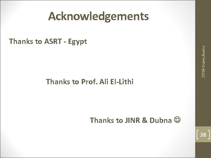 Thanks to ASRT - Egypt Thanks to Prof. Ali El-Lithi JINR-Dubna, Russia Acknowledgements Thanks