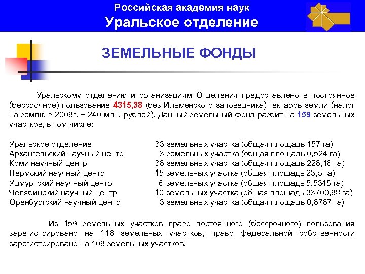 Российская академия наук Уральское отделение ЗЕМЕЛЬНЫЕ ФОНДЫ Уральскому отделению и организациям Отделения предоставлено в