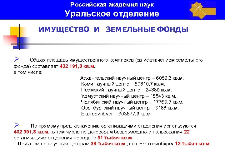 Российская академия наук Уральское отделение ИМУЩЕСТВО И ЗЕМЕЛЬНЫЕ ФОНДЫ Ø Общая площадь имущественного комплекса