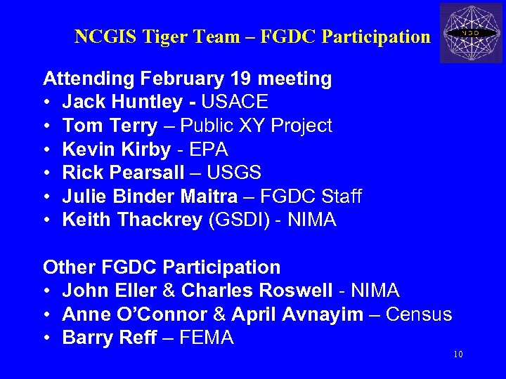 NCGIS Tiger Team – FGDC Participation Attending February 19 meeting • Jack Huntley -