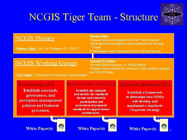 NCGIS Tiger Team - Structure Plenary Roles: • Monitor status and progress of NCGIS