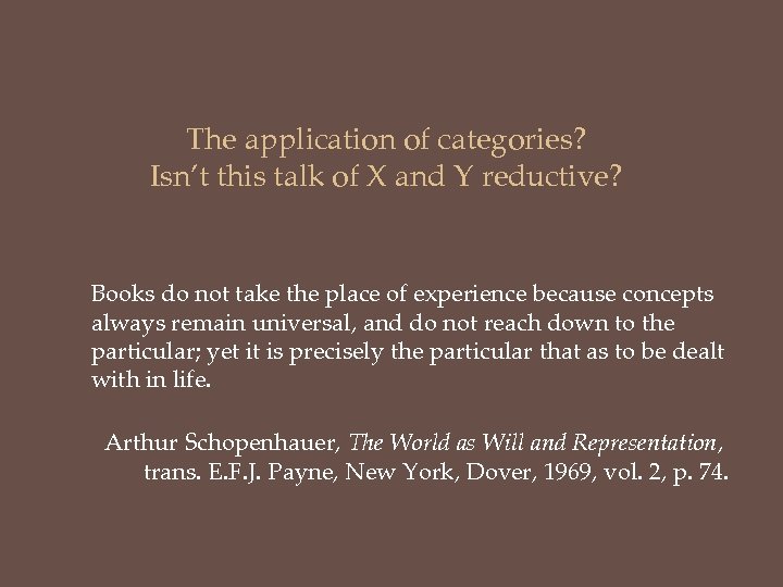 The application of categories? Isn’t this talk of X and Y reductive? Books do