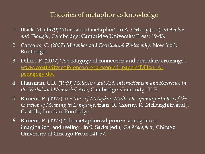 Theories of metaphor as knowledge 1. Black, M. (1979) ‘More about metaphor’, in A.