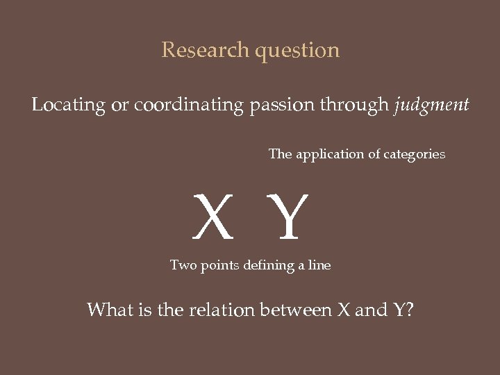 Research question Locating or coordinating passion through judgment The application of categories X Y