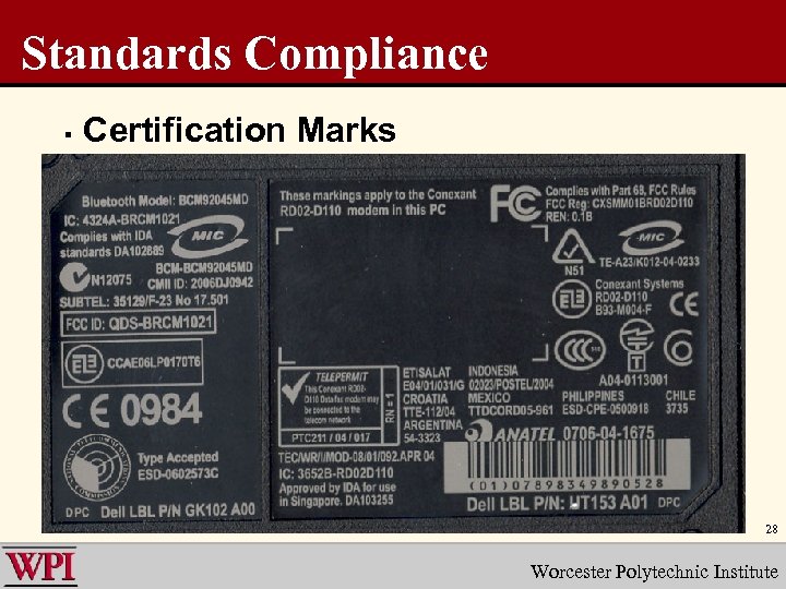Standards Compliance § Certification Marks 28 Worcester Polytechnic Institute 
