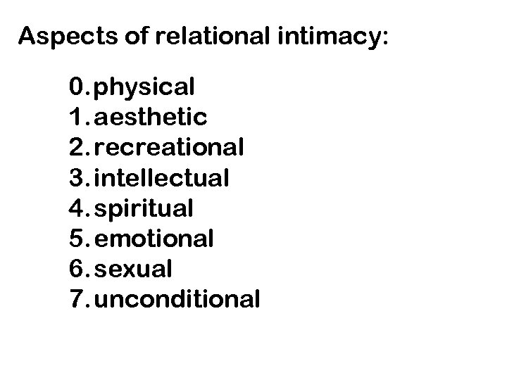 Aspects of relational intimacy: 0. physical 1. aesthetic 2. recreational 3. intellectual 4. spiritual