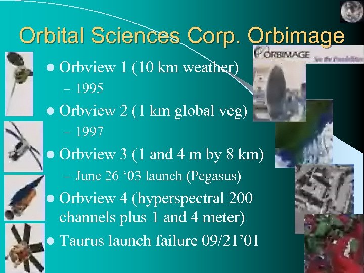 Orbital Sciences Corp. Orbimage l Orbview 1 (10 km weather) – 1995 l Orbview