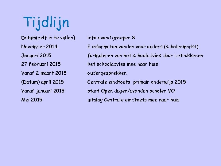 Tijdlijn Datum(zelf in te vullen) info avond groepen 8 November 2014 2 informatieavonden voor