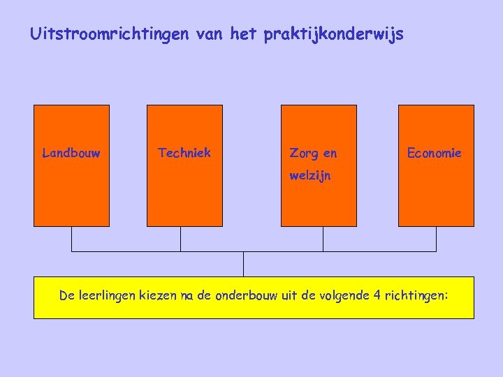 Uitstroomrichtingen van het praktijkonderwijs Landbouw Techniek Zorg en Economie welzijn De leerlingen kiezen na