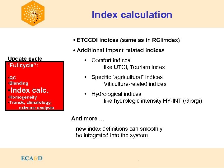 Index calculation • ETCCDI indices (same as in RClimdex) • Additional Impact-related indices Update