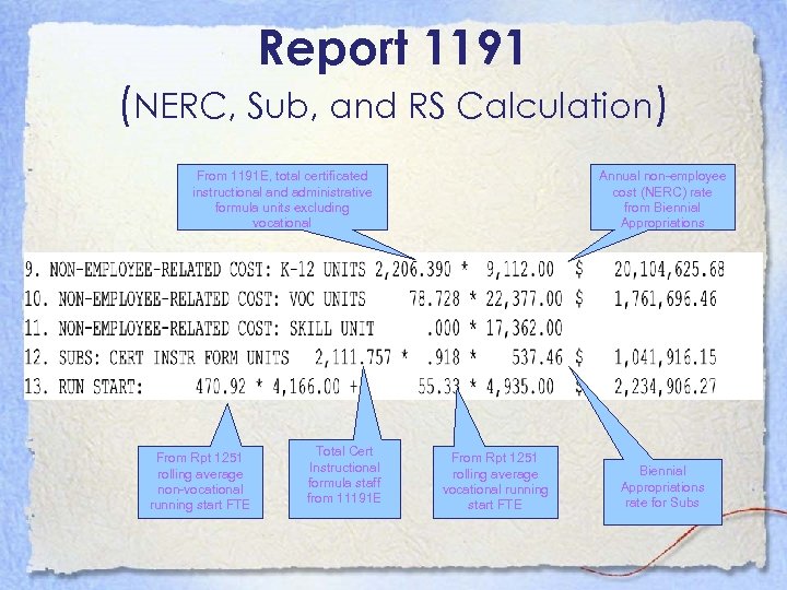 Report 1191 (NERC, Sub, and RS Calculation) From 1191 E, total certificated instructional and