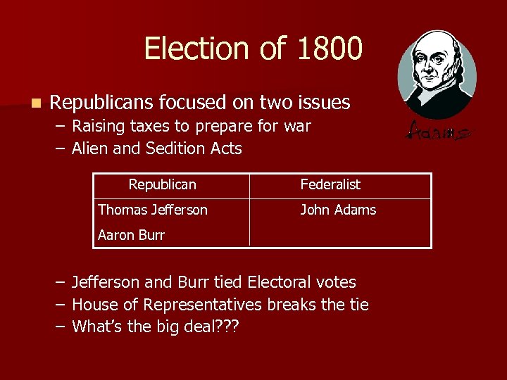 Election of 1800 n Republicans focused on two issues – Raising taxes to prepare