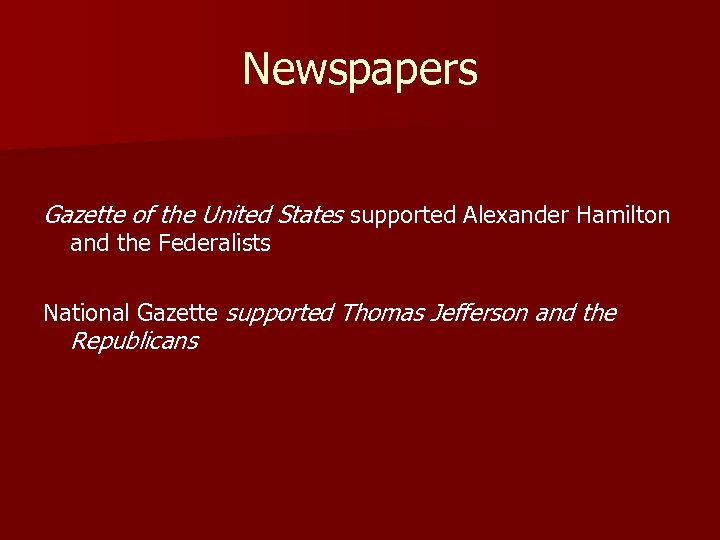 Newspapers Gazette of the United States supported Alexander Hamilton and the Federalists National Gazette
