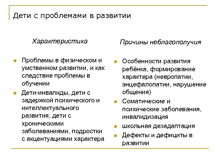 Дети с проблемами в развитии Характеристика n n Проблемы в физическом и умственном развитии,
