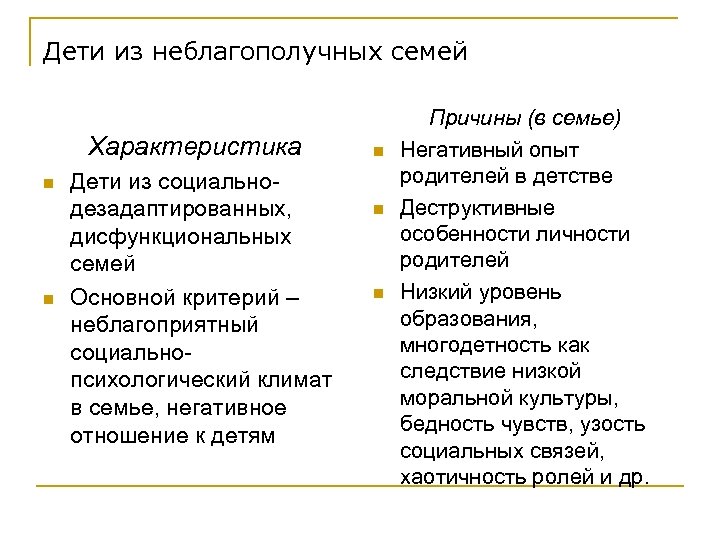 Дети из неблагополучных семей Характеристика n n Дети из социальнодезадаптированных, дисфункциональных семей Основной критерий
