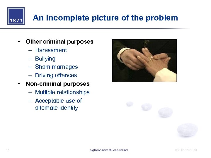 An incomplete picture of the problem • Other criminal purposes – Harassment – Bullying