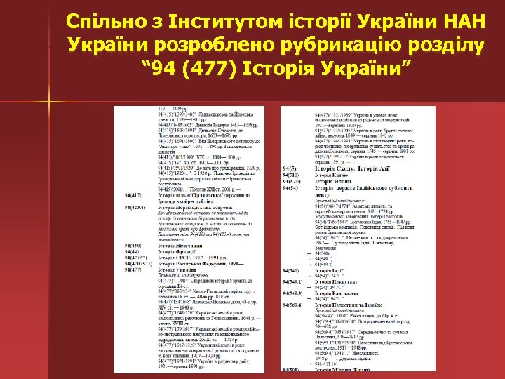 Спільно з Інститутом історії України НАН України розроблено рубрикацію розділу “ 94 (477) Історія