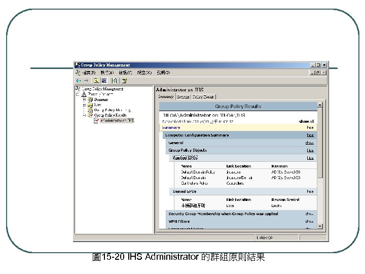 圖 15 -20 IHS Administrator 的群組原則結果 