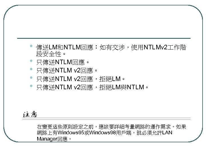  • • • 傳送LM和NTLM回應：如有交涉，使用NTLMv 2 作階 段安全性。 只傳送NTLM回應。 只傳送NTLM v 2回應，拒絕LM。 只傳送NTLM v