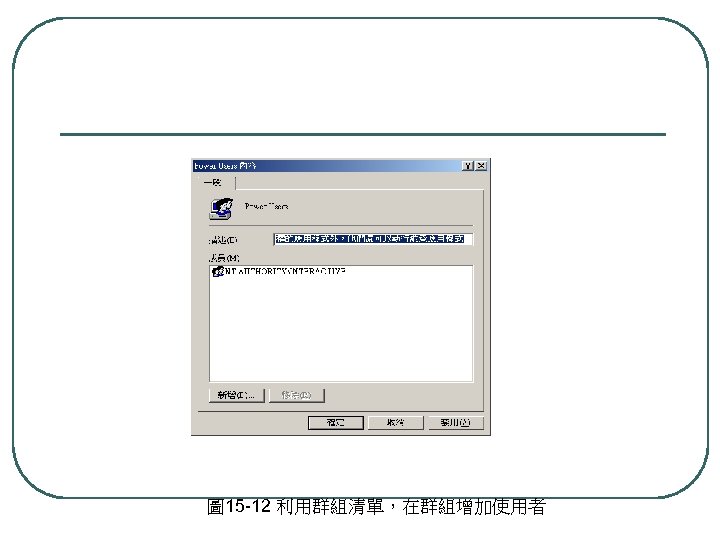 圖 15 -12 利用群組清單，在群組增加使用者 