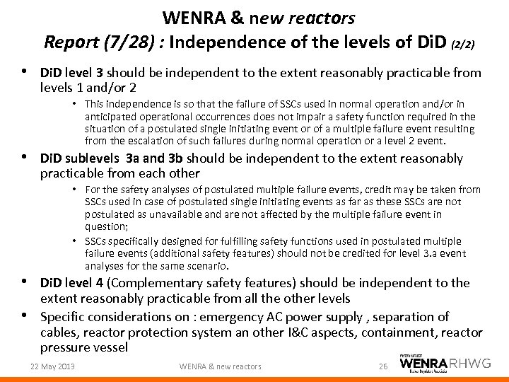 WENRA & new reactors Report (7/28) : Independence of the levels of Di. D