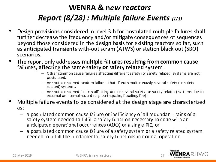 WENRA & new reactors Report (8/28) : Multiple failure Events (1/3) • Design provisions