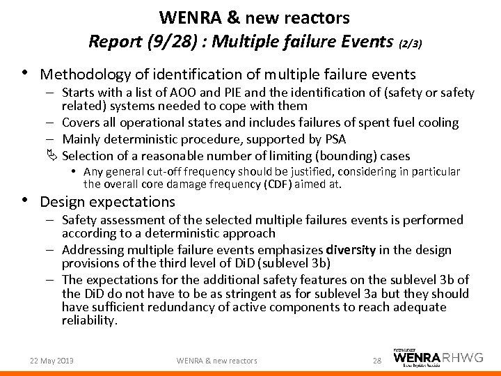 WENRA & new reactors Report (9/28) : Multiple failure Events (2/3) • Methodology of
