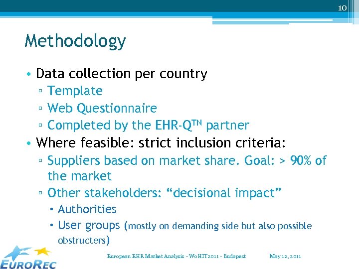 10 Methodology • Data collection per country ▫ Template ▫ Web Questionnaire ▫ Completed
