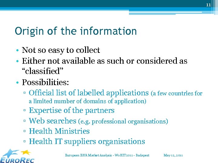 11 Origin of the information • Not so easy to collect • Either not