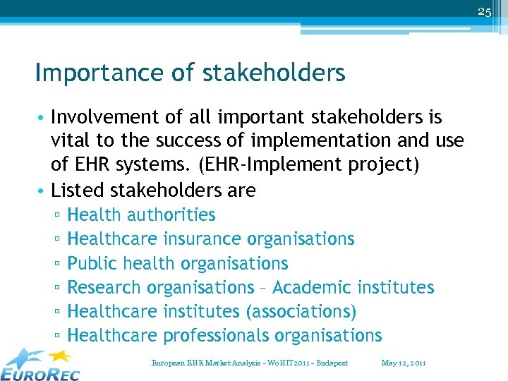 25 Importance of stakeholders • Involvement of all important stakeholders is vital to the