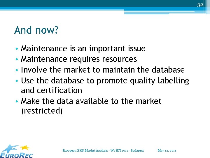 32 And now? Maintenance is an important issue Maintenance requires resources Involve the market