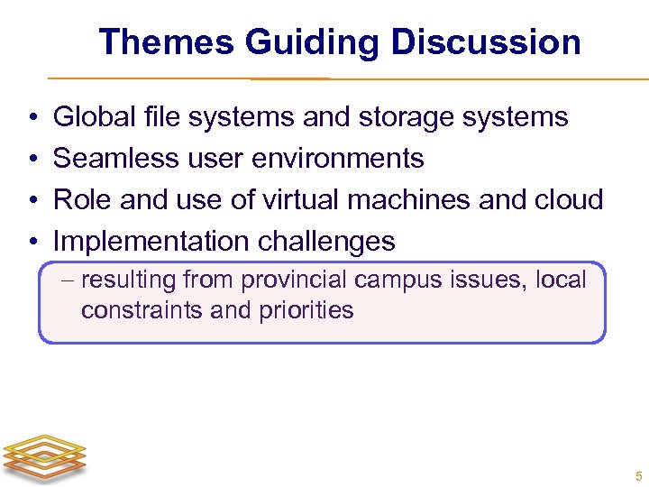 Themes Guiding Discussion • • Global file systems and storage systems Seamless user environments