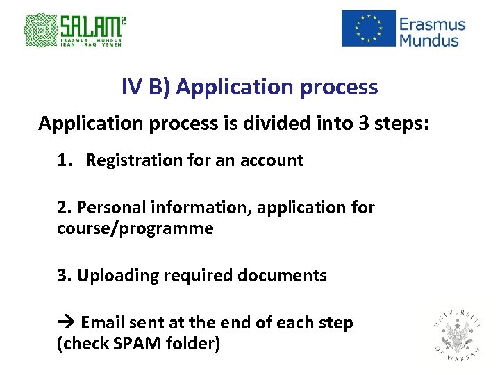 IV B) Application process is divided into 3 steps: 1. Registration for an account