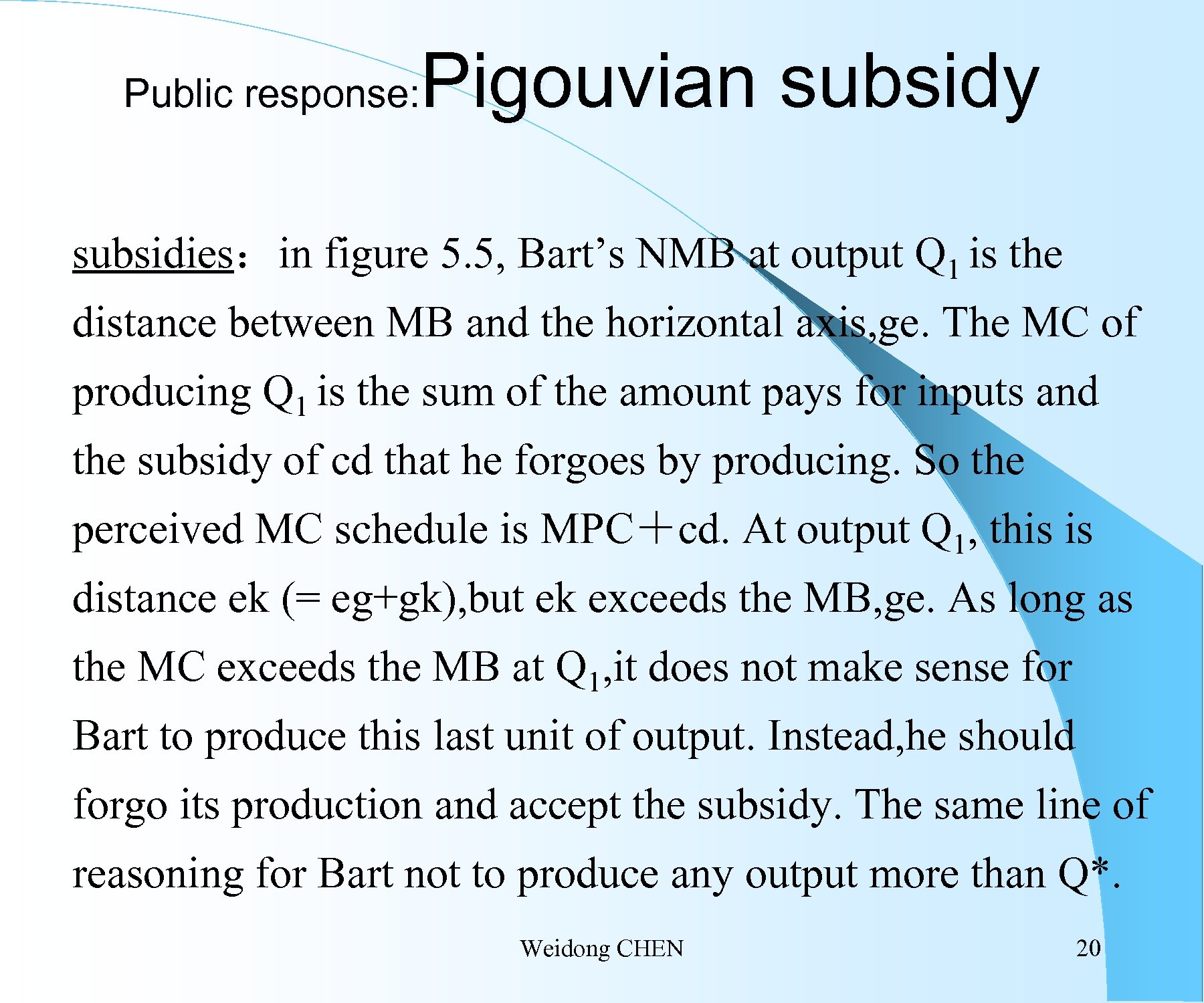 Pigouvian subsidy Public response: subsidies：in figure 5. 5, Bart’s NMB at output Q 1