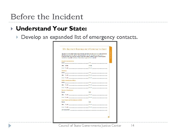 Before the Incident Understand Your State: Develop an expanded list of emergency contacts. Council