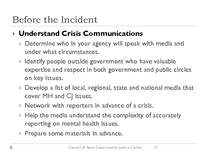 Before the Incident Understand Crisis Communications Determine who in your agency will speak with