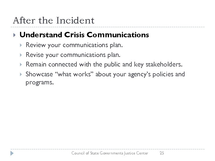 After the Incident Understand Crisis Communications Review your communications plan. Revise your communications plan.