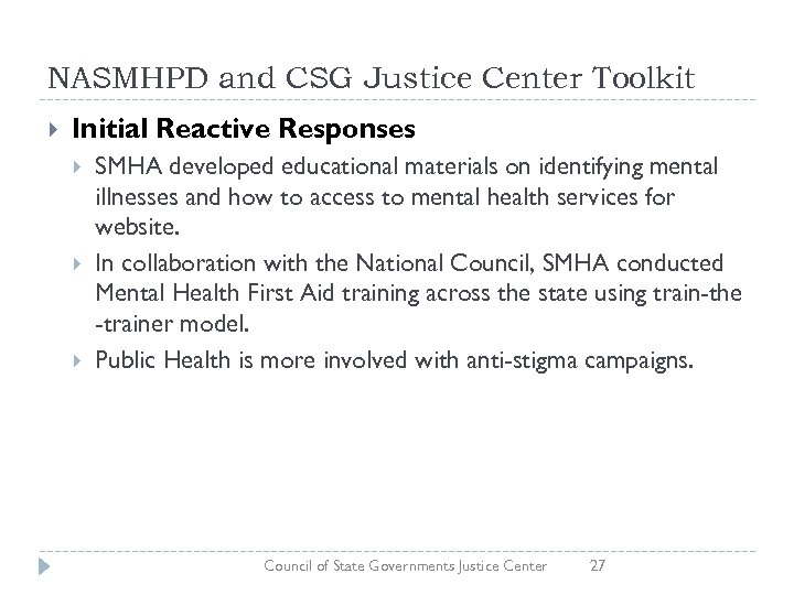 NASMHPD and CSG Justice Center Toolkit Initial Reactive Responses SMHA developed educational materials on