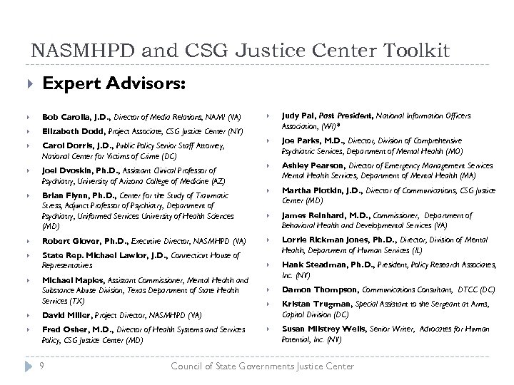 NASMHPD and CSG Justice Center Toolkit Expert Advisors: Bob Carolla, J. D. , Director