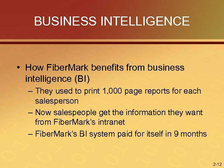 BUSINESS INTELLIGENCE • How Fiber. Mark benefits from business intelligence (BI) – They used