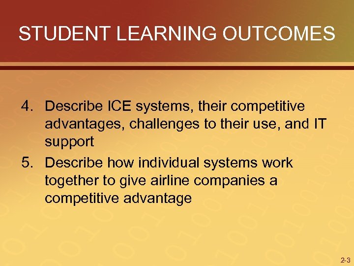 STUDENT LEARNING OUTCOMES 4. Describe ICE systems, their competitive advantages, challenges to their use,