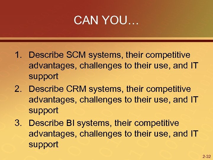 CAN YOU… 1. Describe SCM systems, their competitive advantages, challenges to their use, and