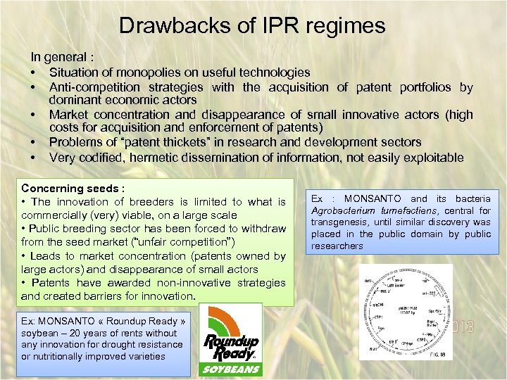 Drawbacks of IPR regimes In general : • Situation of monopolies on useful technologies