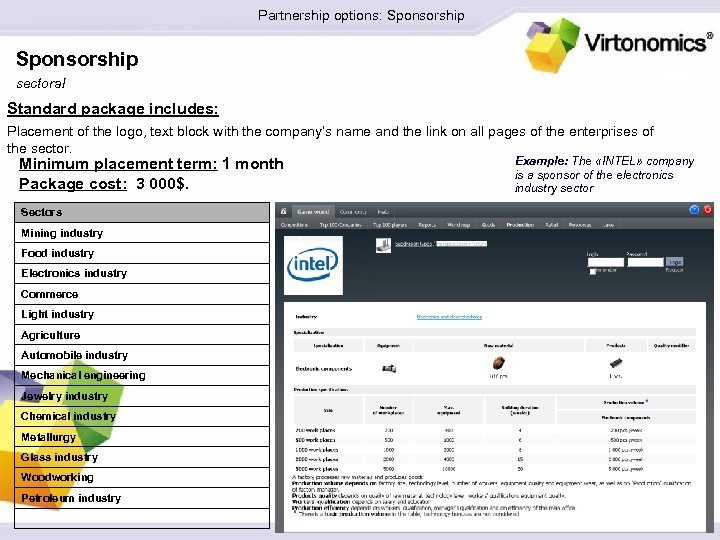 Partnership options: Sponsorship sectoral Standard package includes: Placement of the logo, text block with