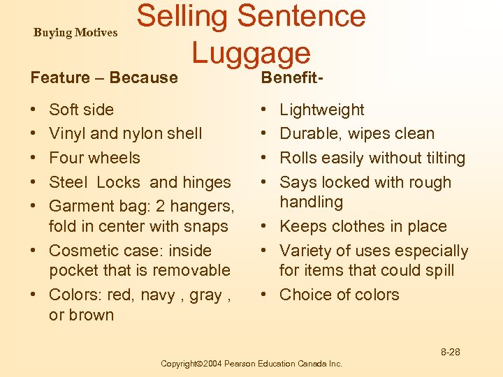 Buying Motives Selling Sentence Luggage Feature – Because Benefit- • • • Soft side