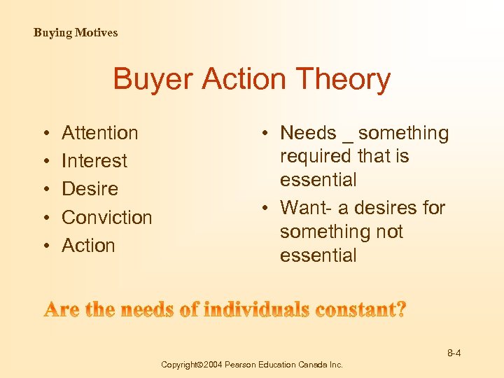 Buying Motives Buyer Action Theory • • • Attention Interest Desire Conviction Action •